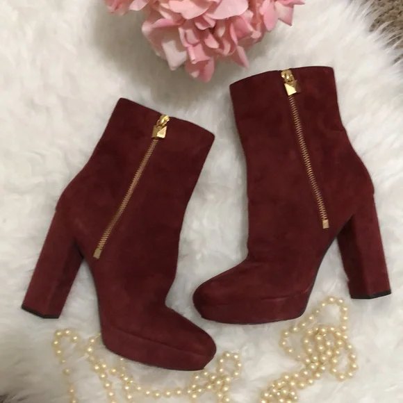 • MICHAEL KORS • Burgundy Suede Platform Ankle Boots • FRENCHIE - Picture 14 of 16